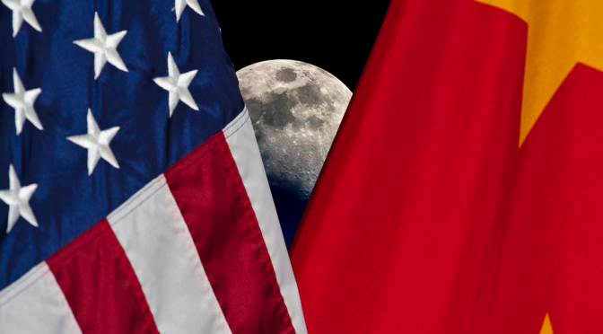China flag, US flag, moonrise