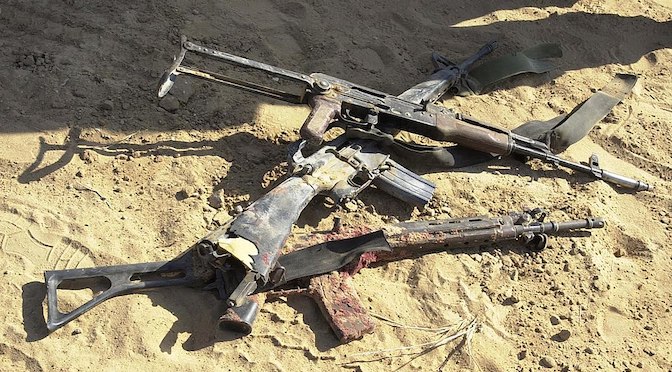 A group of semi-automatic weapons seized from terrorist fighters