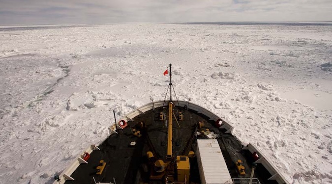 The view from the bow of an arctic ship showing sea ice