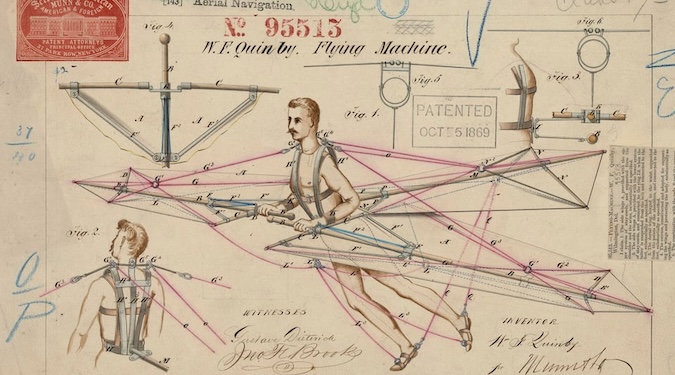 A old fashioned patent drawing for a flying machine
