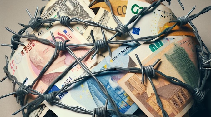 An AI image of foreign currency wrapped in barbed wire